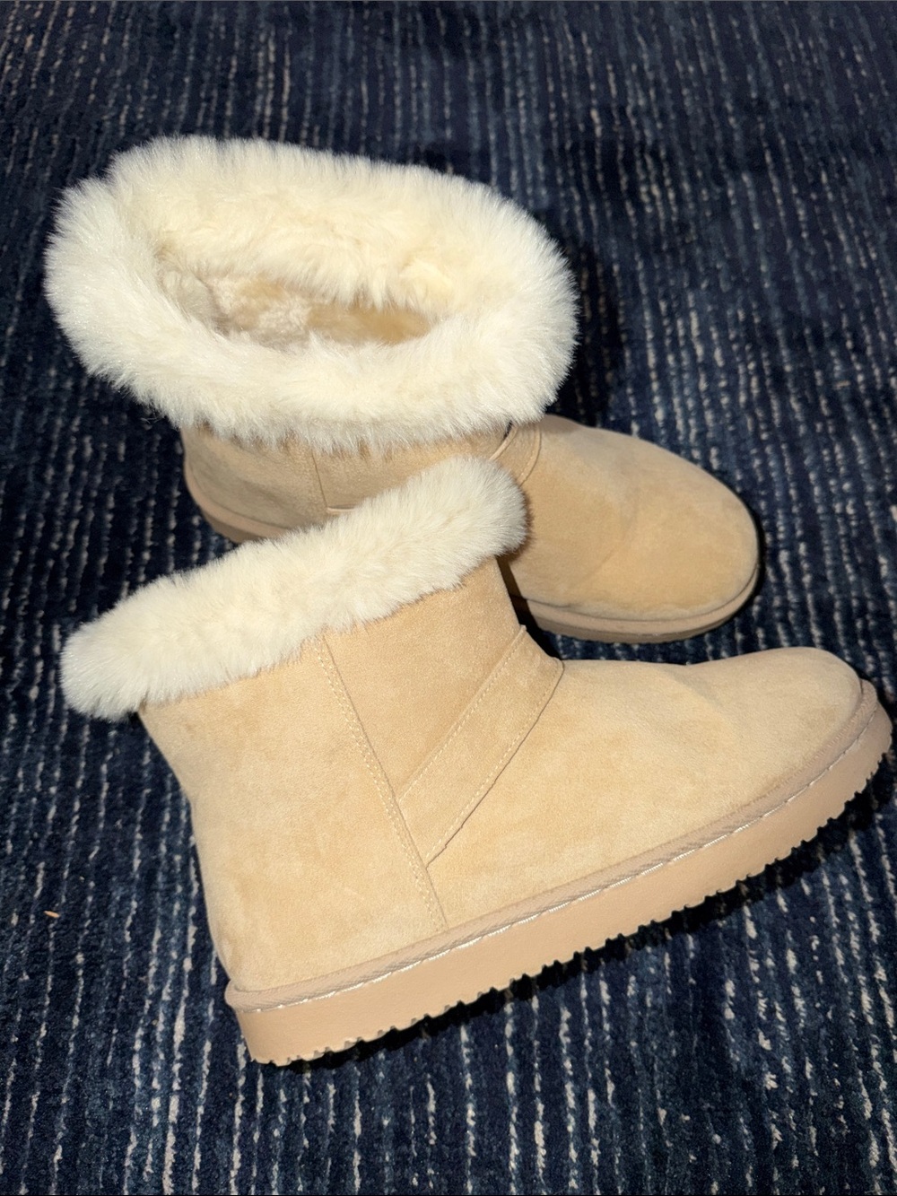 Women's Cream Suede Faux-Fur Cuff Ankle Boots